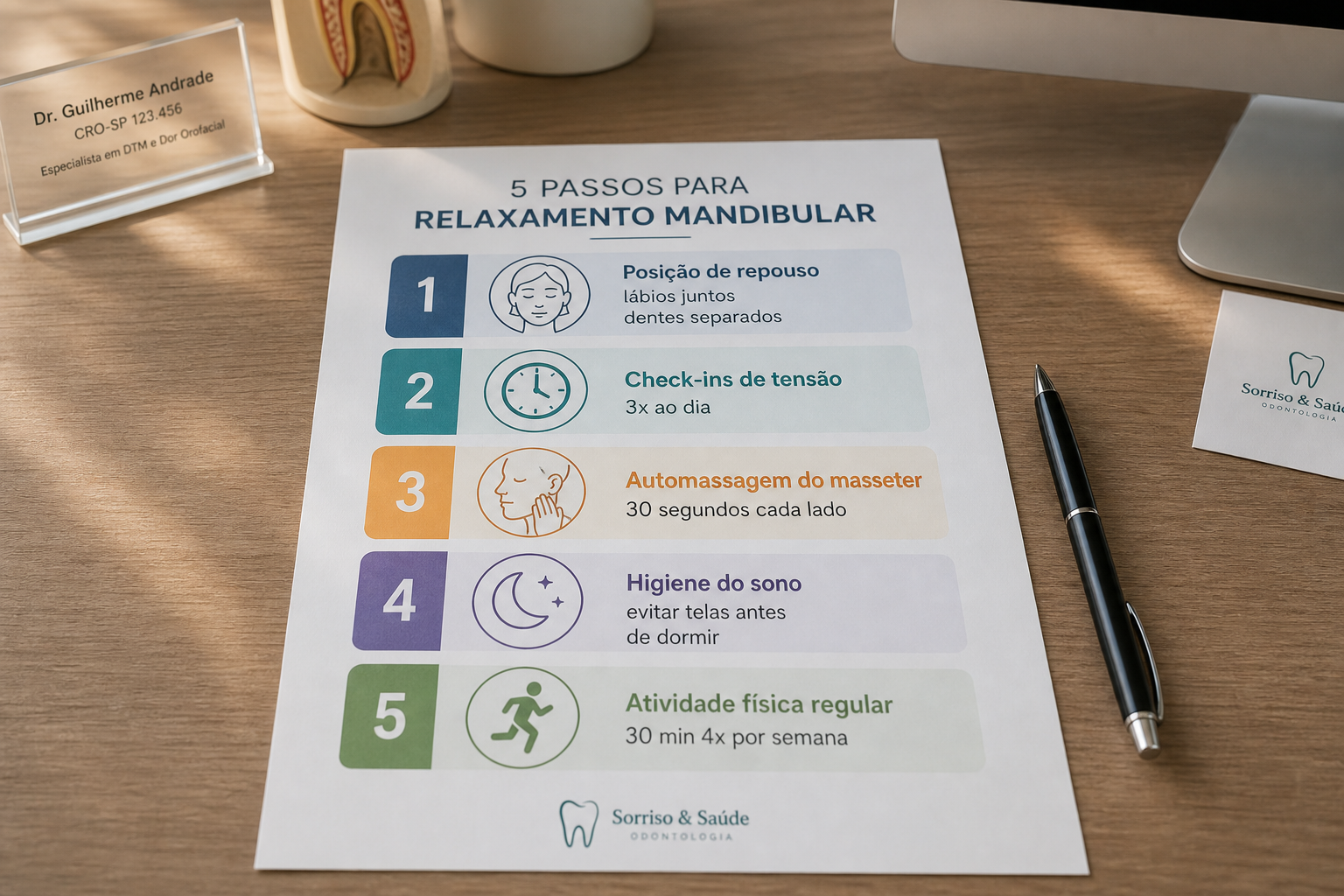 Protocolo de relaxamento mandibular em 5 passos: posição de repouso, check-ins, automassagem, higiene do sono e atividade física — Orali Odontologia