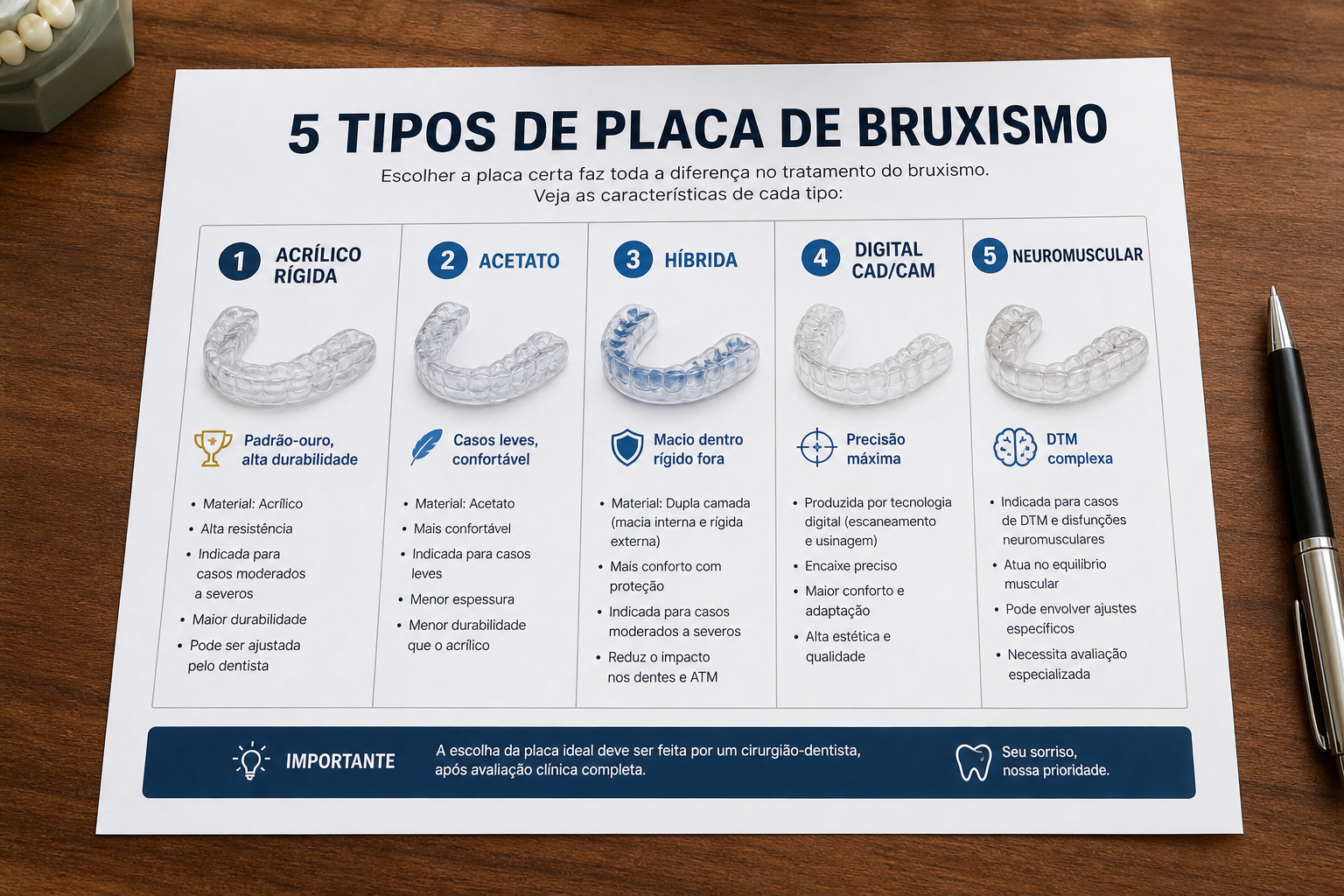 Comparativo dos 5 tipos de placa de bruxismo: acrílico rígida, acetato, híbrida, digital e neuromuscular — Orali Odontologia