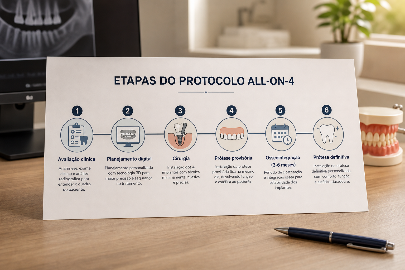 Etapas do Protocolo All-on-4: avaliação, planejamento digital, cirurgia, prótese provisória, osseointegração e prótese definitiva — Orali Odontologia